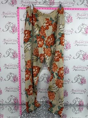 80 sauve pants chain link style Beige Floral Boot-Cut Pants with Rust Blooms